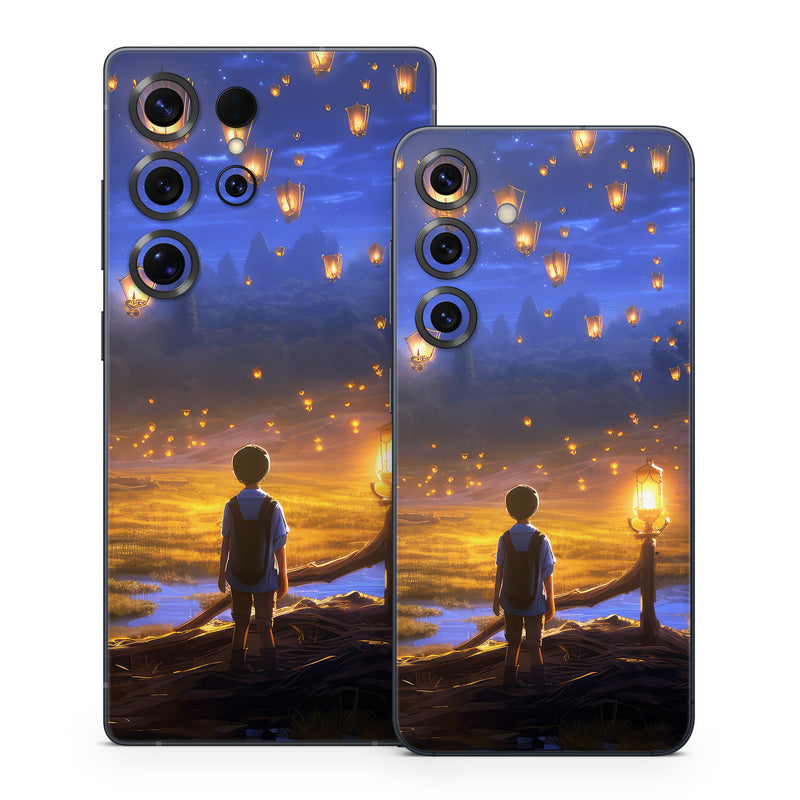 Samsung Galaxy S25 Series Skin design of Cloud, World, Nature, Sky, People in nature, Happy, Flash photography, Natural landscape, Horizon, Heat, with black, blue, orange, yellow, gray, purple, orange, green colors