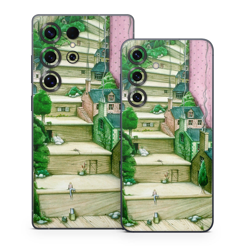 Samsung Galaxy S25 Series Skin design of Green, Stairs, House, Watercolor paint, Home, Illustration, Building, Wood, Plant, Sketch, with pink, green, brown colors