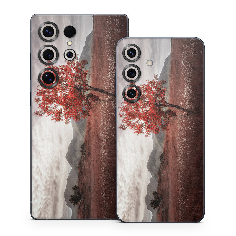 Samsung Galaxy S25 Series Skin design of Natural landscape, Nature, Tree, Sky, Red, Natural environment, Atmospheric phenomenon, Leaf, Cloud, Woody plant, with black, gray, red colors