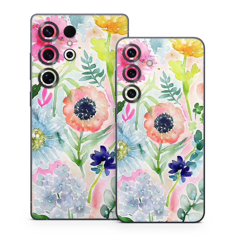 Samsung Galaxy S25 Series Skin design of Flower, Watercolor paint, Plant, Flowering plant, Pattern, Floral design, Botany, Petal, Wildflower, Design, with green, pink, yellow, orange, blue, red, purple colors