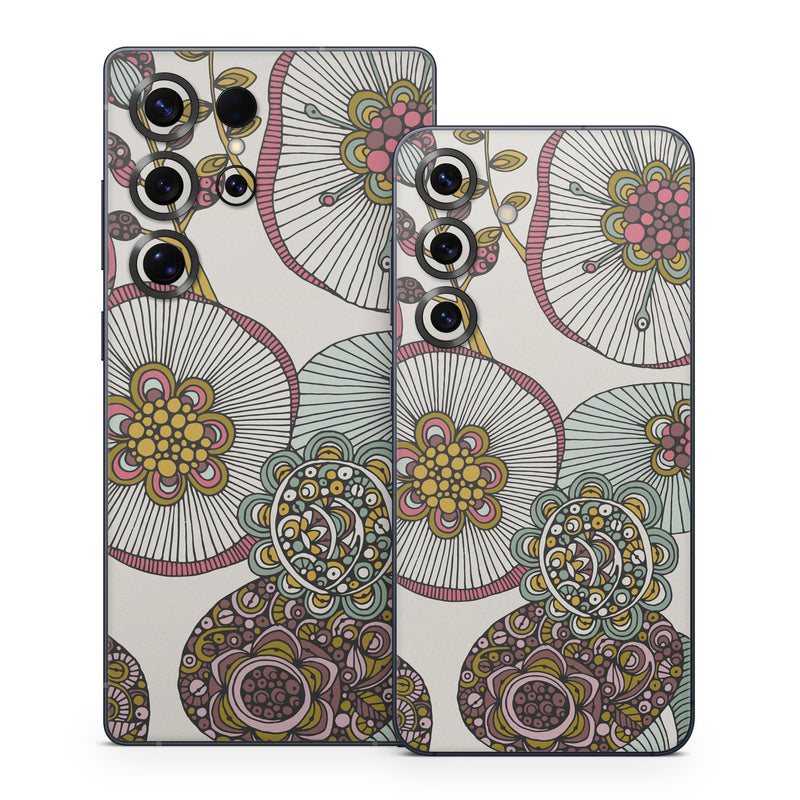 Samsung Galaxy S25 Series Skin design of Pattern, Textile, Botany, Visual arts, Motif, Design, Needlework, Circle, Floral design, with gray, pink, green, blue, purple colors