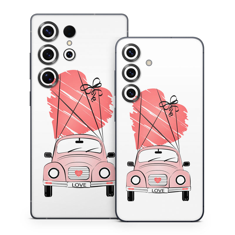 Samsung Galaxy S25 Series Skin design of Land vehicle, Wheel, Vehicle, Tire, Hood, Automotive lighting, Car, Motor vehicle, Kit car, Cartoon, with white, pink, black, red colors