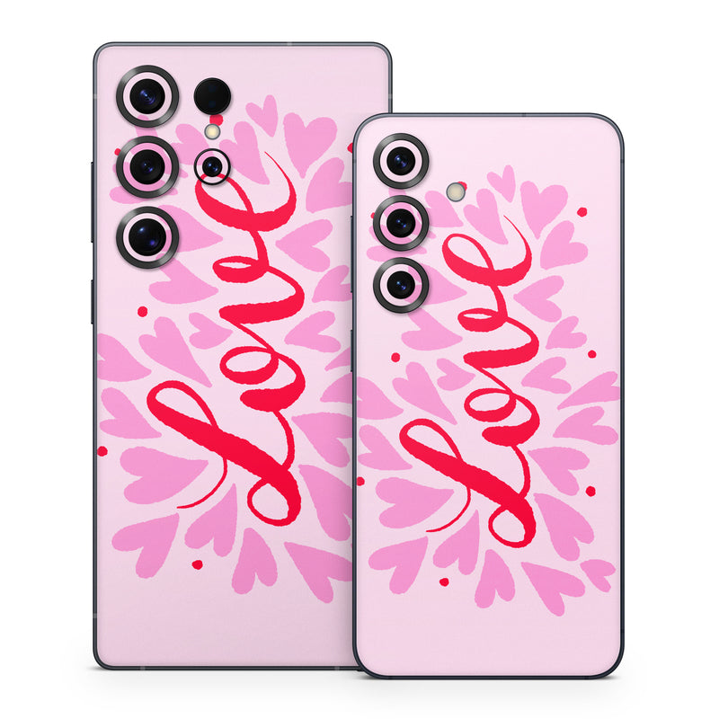 Samsung Galaxy S25 Series Skin design of Plant, Pink, Font, Art, Magenta, Pattern, Logo, Peach, Event, Graphics, with pink, red colors