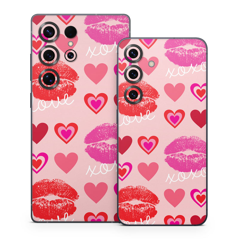 Samsung Galaxy S25 Series Skin design of Organ, Pink, Red, Font, Material property, Magenta, Heart, Pattern, Happy, Love, with pink, red, white colors