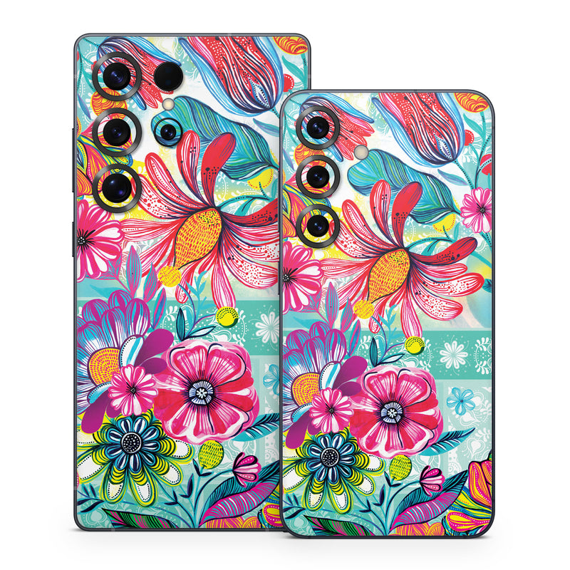 Samsung Galaxy S25 Series Skin design of Pattern, Floral design, Textile, Pink, Design, Flower, Visual arts, Wildflower, Plant, with blue, pink, purple, red, green, yellow, orange colors