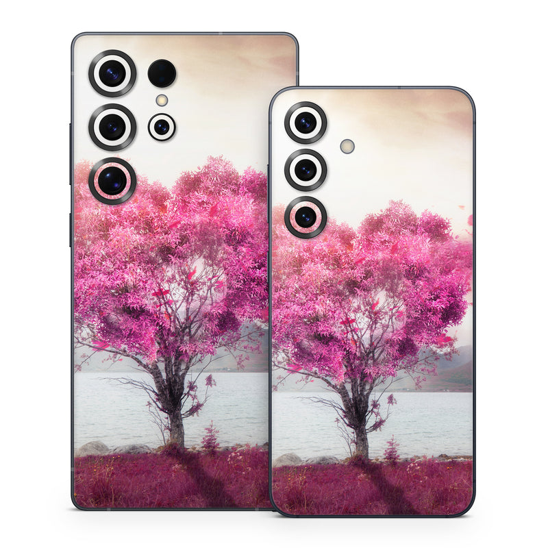 Samsung Galaxy S25 Series Skin design of Sky, Nature, Natural landscape, Pink, Tree, Spring, Purple, Landscape, Cloud, Magenta, with pink, yellow, blue, black, gray colors