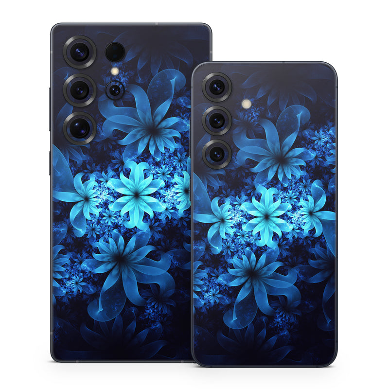 Samsung Galaxy S25 Series Skin design of Nature, Blue, Petal, Organism, Darkness, Flower, Colorfulness, Electric Blue, Majorelle Blue, Pattern, Botany, Still Life Photography, Space, Aquatic Plant, Fractal Art, Visual Arts, Illustration, Symmetry, Midnight, Wildflower, Painting, Still Life, with black, blue, white colors
