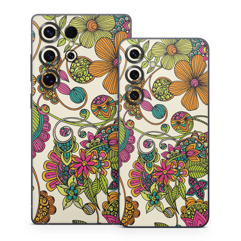 Samsung Galaxy S25 Series Skin design of Pattern, Floral design, Motif, Design, Visual arts, Botany, Pedicel, Flower, Plant, Textile, with green, pink, orange, blue colors