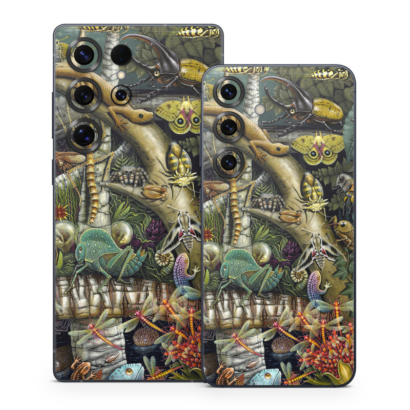 Samsung Galaxy S25 Series Skin design of Strategy video game, Mythology, Art, Games, Plant, Painting, Adventure game, Jungle, Fictional character, Nepenthes, with green, brown, red, yellow, gray, blue, white colors