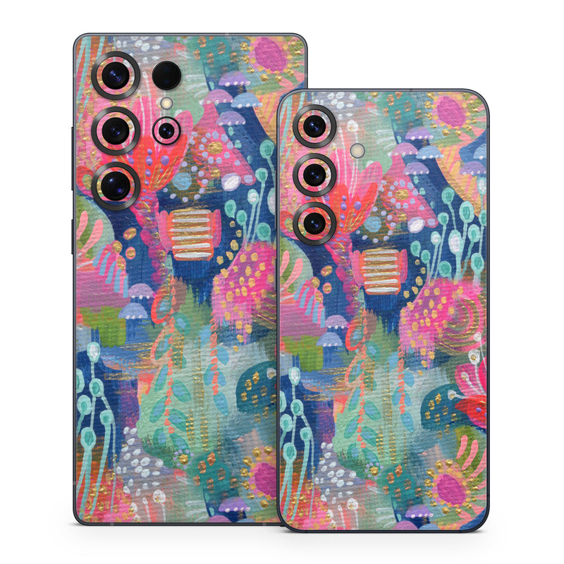 Samsung Galaxy S25 Series Skin design of Blue, Pink, Creative arts, Natural material, Fish, Marine biology, Underwater, Floral design, Motif, with blue, red, pink, green, purple, white colors