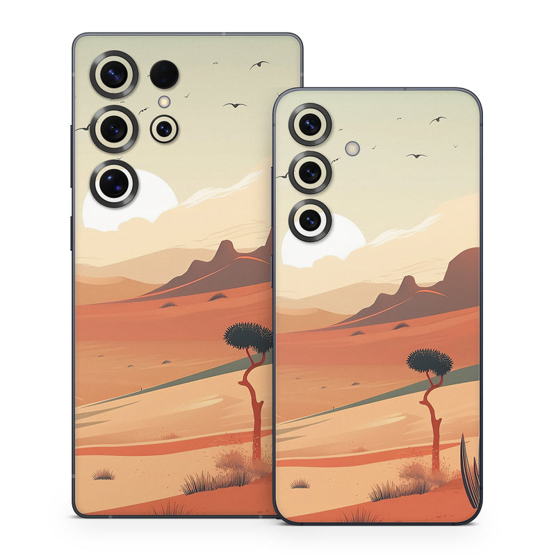 Samsung Galaxy S25 Series Skin design of Sky, Bird, Ecoregion, Light, Nature, Cloud, Natural environment, Moon, Natural landscape, Biome, with orange, yellow, brown, green, white, black colors