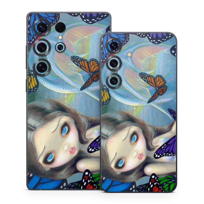 Samsung Galaxy S25 Series Skin design of Butterfly, Insect, Monarch butterfly, Moths and butterflies, Cynthia (subgenus), Invertebrate, Pollinator, Brush-footed butterfly, Organism, Art, with gray, black, blue, red, pink colors