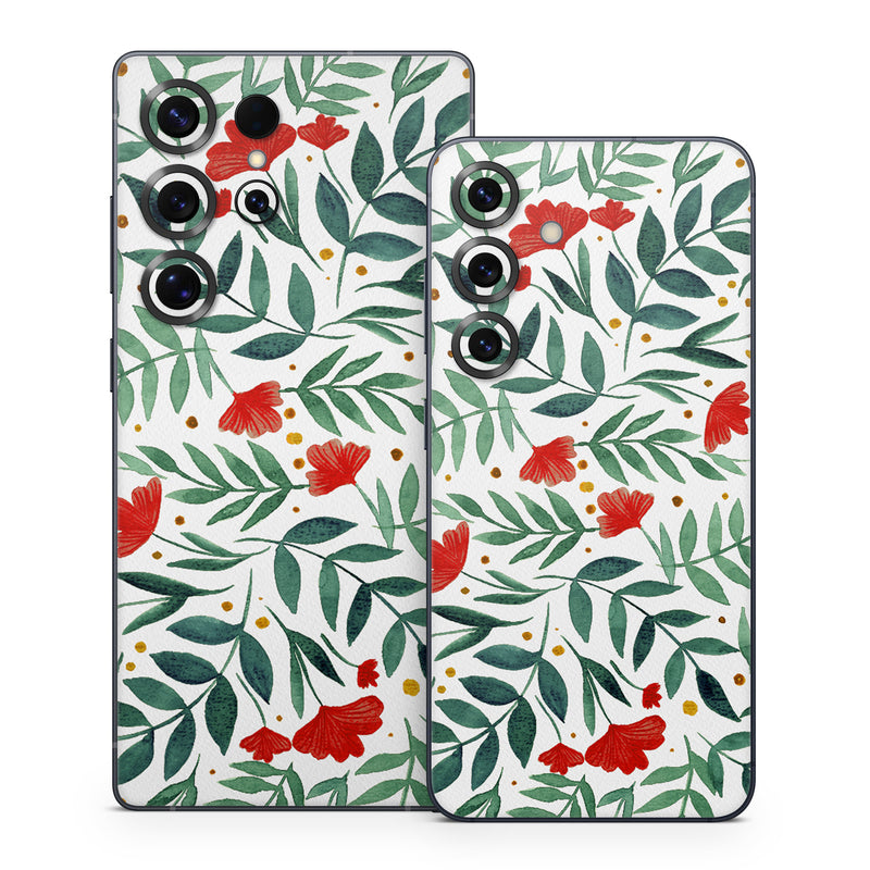 Samsung Galaxy S25 Series Skin design of Flower, Plant, Textile, Line, Petal, Pattern, Flowering plant, Pedicel, Creative arts, Rectangle, with red, green, orange, white colors