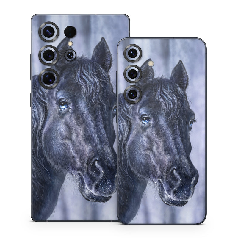 Samsung Galaxy S25 Series Skin design of Horse, Mammal, Vertebrate, Hair, Mane, Stallion, Snout, Mare, Mustang horse, Livestock, with black, white, blue colors
