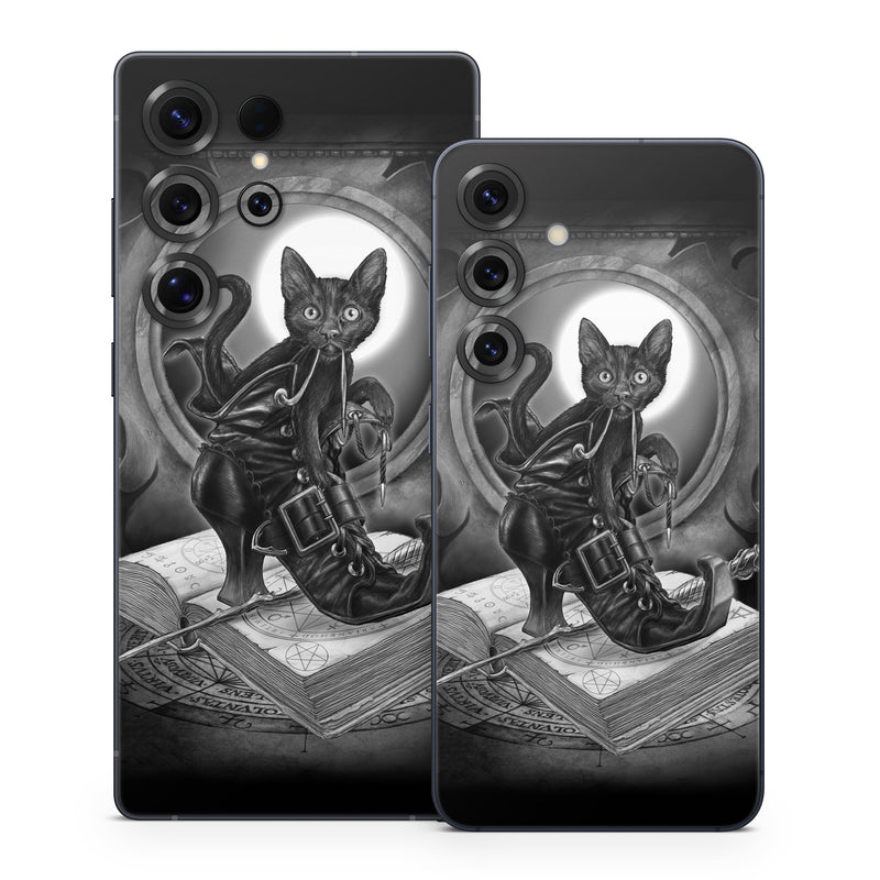 Samsung Galaxy S25 Series Skin design of Cat, Boot, Book, Wand, Shoelace, Mirror, with black, white, gray colors