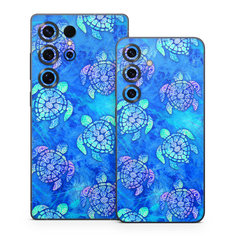 Samsung Galaxy S25 Series Skin design of Blue, Pattern, Organism, Design, Sea turtle, Plant, Electric blue, Hydrangea, Flower, Symmetry, with blue, green, purple colors