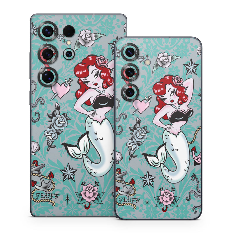 Samsung Galaxy S25 Series Skin design of Mermaid, Illustration, Fictional character, Organism, Art, Pattern, Style, with gray, blue, black, red, white, pink colors