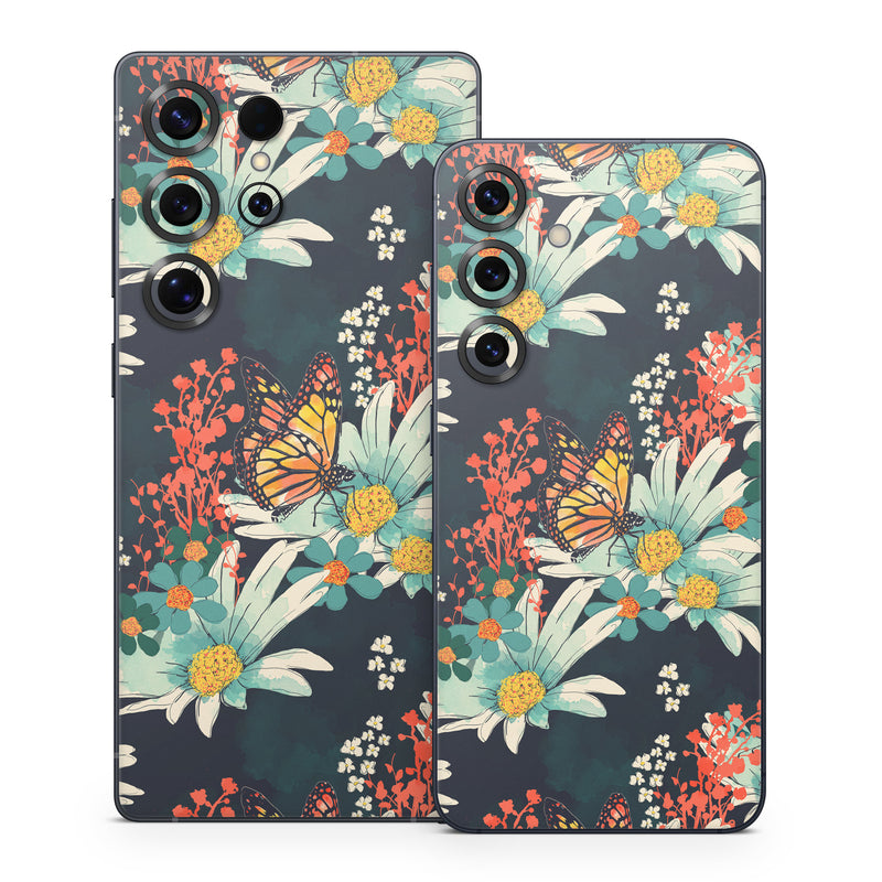 Samsung Galaxy S25 Series Skin design of Floral design, Pattern, Flower, Floristry, Textile, Botany, Plant, Visual arts, Design, Flower Arranging, with black, gray, green, red, blue, pink colors