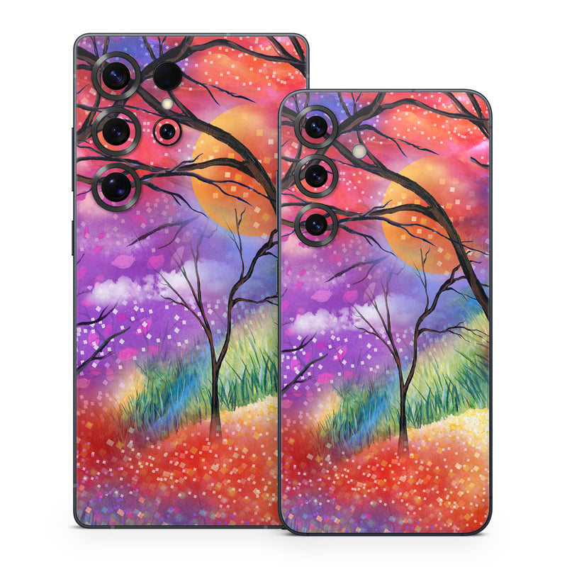 Samsung Galaxy S25 Series Skin design of Nature, Tree, Natural landscape, Painting, Watercolor paint, Branch, Acrylic paint, Purple, Modern art, Leaf, with red, purple, black, gray, green, blue colors