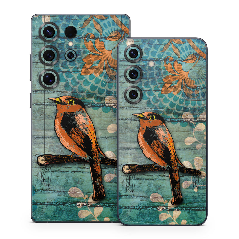 Samsung Galaxy S25 Series Skin design of Bird, Turquoise, Painting, Art, Coraciiformes, Branch, Beak, Wildlife, Perching bird, Illustration, with black, blue, gray, green, red colors