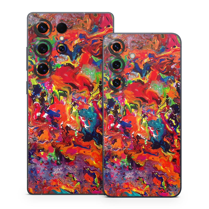 Samsung Galaxy S25 Series Skin design of Colorfulness, Modern art, Acrylic paint, Painting, Visual arts, Art, Psychedelic art, Textile, Pattern, Paint, with red, yellow, green, orange, yellow colors