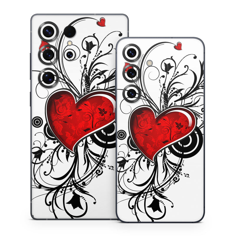 Samsung Galaxy S25 Series Skin design of Heart, Line art, Love, Clip art, Plant, Graphic design, Illustration, with white, gray, black, red colors