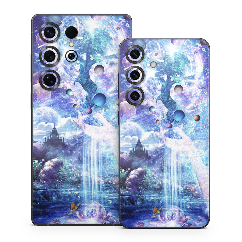 Samsung Galaxy S25 Series Skin design of Bird, Butterfly, Planets, Deer, Space, Purple, World, Astronomical Object, Cg Artwork, Illustration, Universe, Painting, Fictional Character, Outer Space, Astronomy, Science, Water Feature, Graphic Design, Graphics, Star, Mythology, with blue, purple, white, black, gray, green colors
