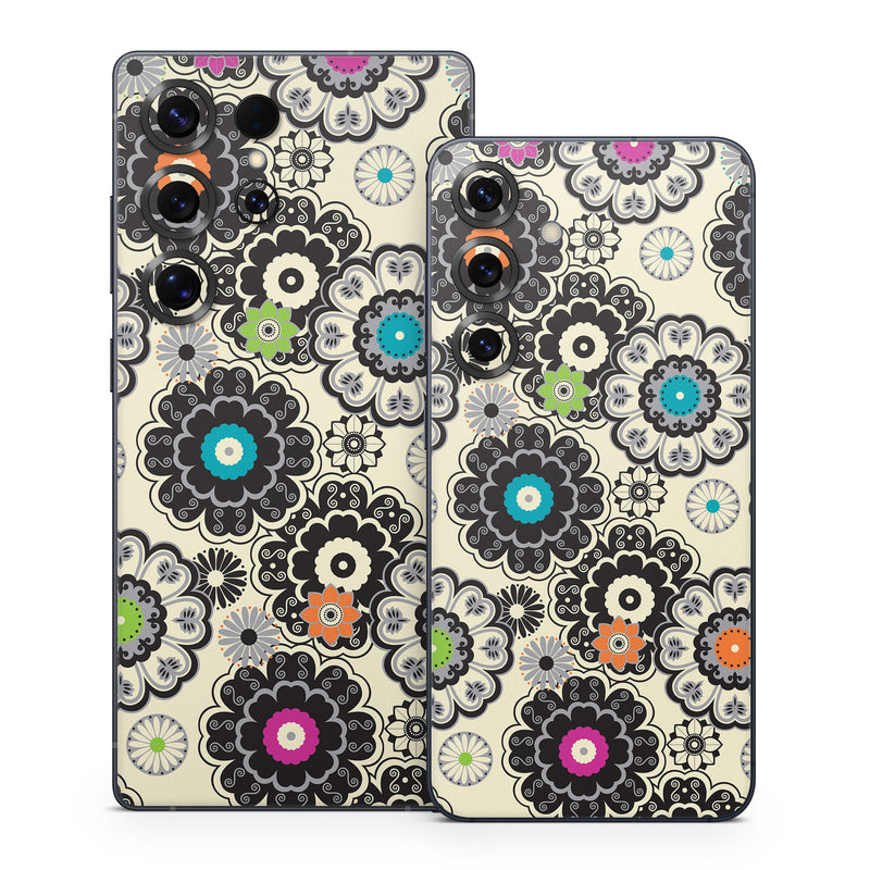 Samsung Galaxy S25 Series Skin design of Pattern, Circle, Design, Visual arts, Floral design, Textile, Psychedelic art, Art, Plant, with gray, black, pink, green, purple colors