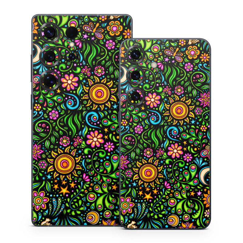 Samsung Galaxy S25 Series Skin design of Pattern, Psychedelic art, Visual arts, Art, Design, Motif, Organism, Circle, Textile, Plant, with black, red, green, blue, purple colors