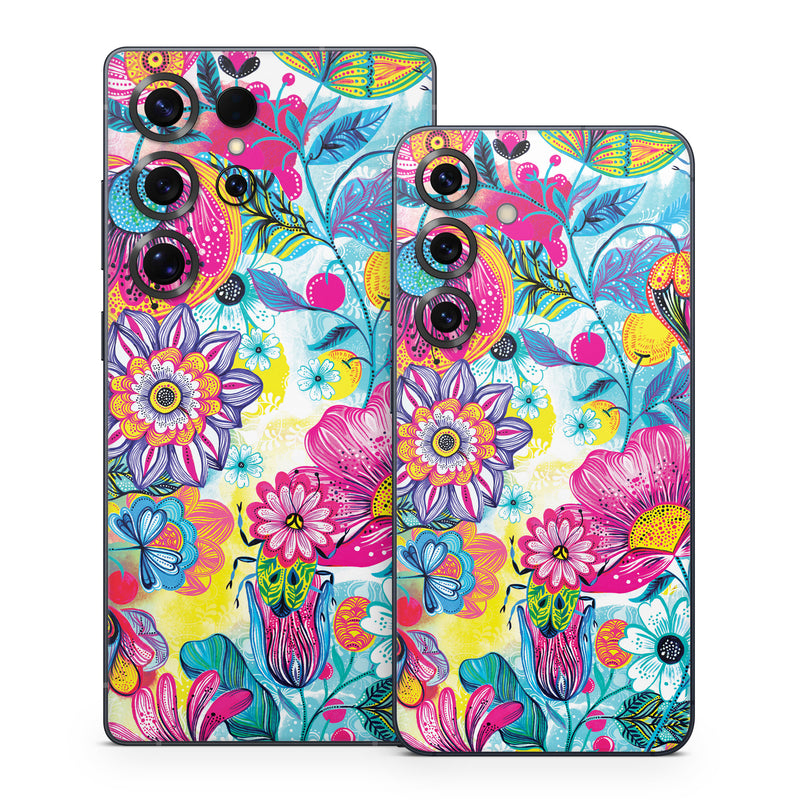 Samsung Galaxy S25 Series Skin design of Pattern, Floral design, Textile, Design, Flower, Wildflower, Visual arts, Plant, Wrapping paper, with blue, pink, purple, green, yellow, orange, white colors