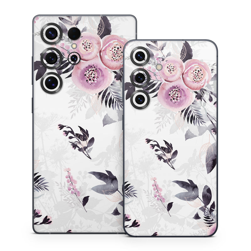 Samsung Galaxy S25 Series Skin design of Pink, Pattern, Design, Floral design, Textile, Plant, Flower, Magenta, Petal, Wallpaper, with white, purple, pink, black, gray colors