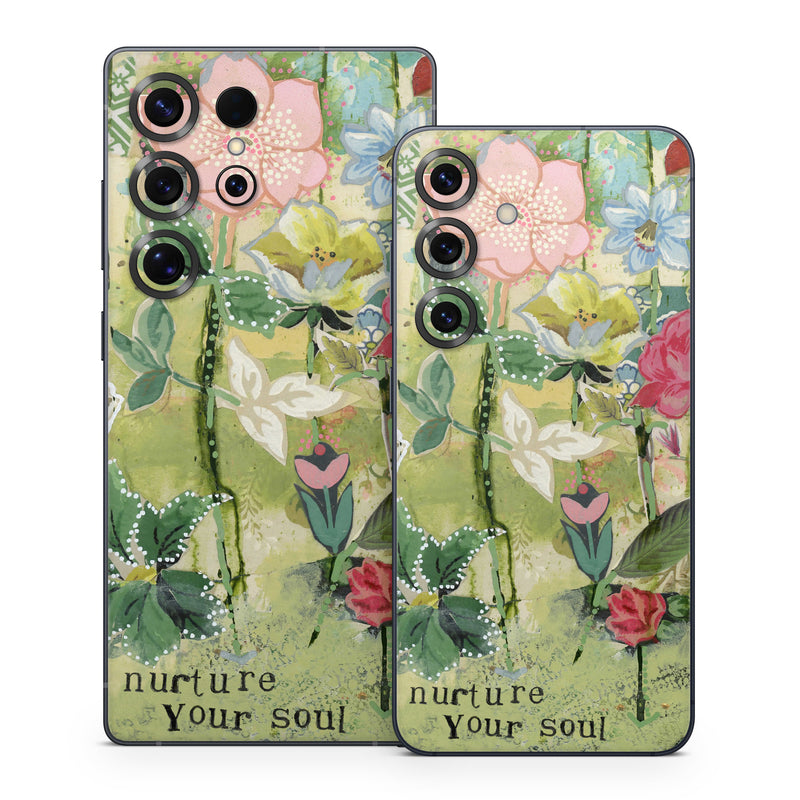 Samsung Galaxy S25 Series Skin design of Flower, Plant, Botany, Pink, Wildflower, Flowering plant, Watercolor paint, Petal, Floral design, Pattern, with green, pink, red, blue, white, black colors