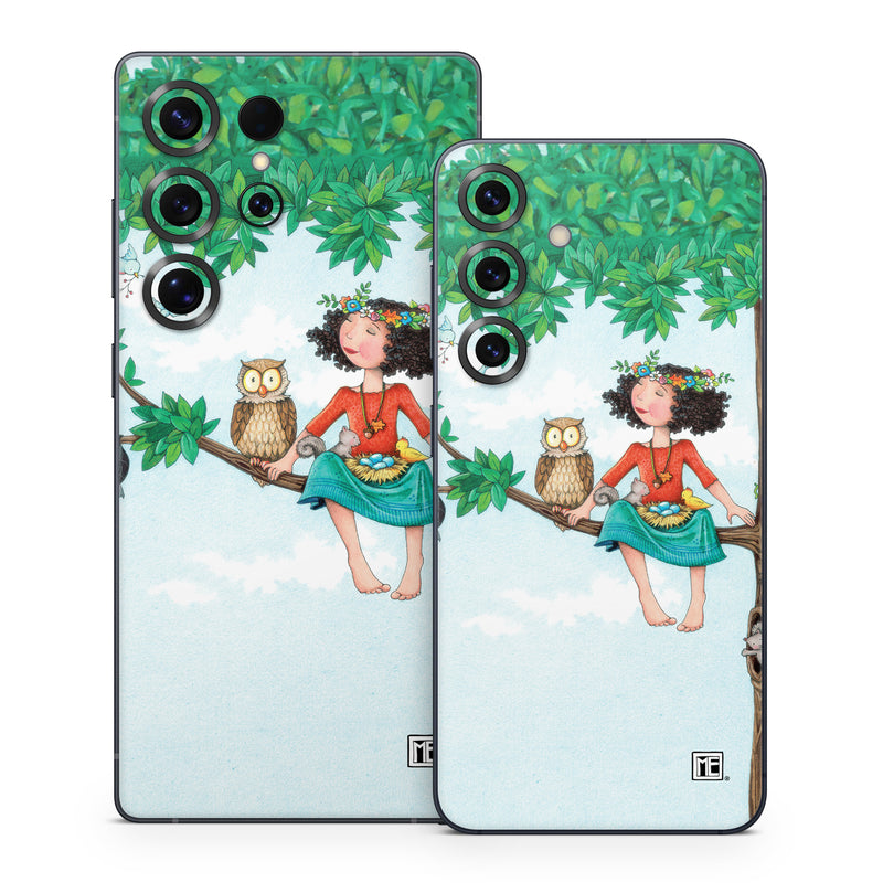 Samsung Galaxy S25 Series Skin design of Cartoon, Illustration, Branch, Bird, Owl, Tree, Art, Plant, Clip art, Fictional character, with blue, gray, red, black, white, green colors