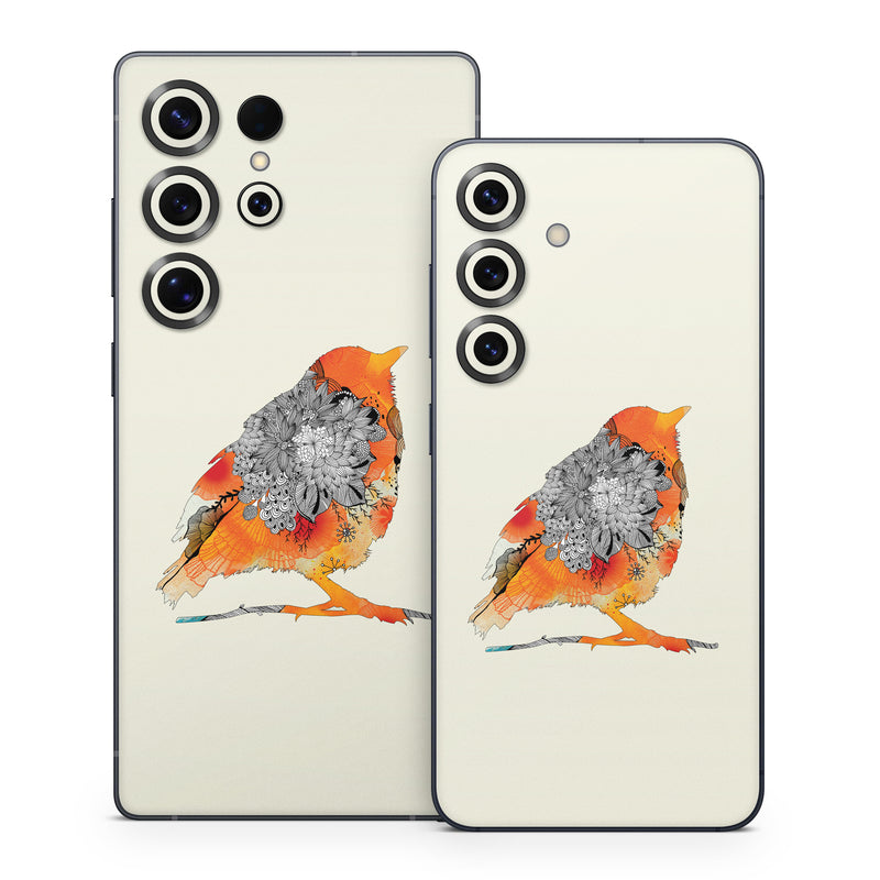 Samsung Galaxy S25 Series Skin design of European robin, Orange, Bird, Illustration, Old World flycatcher, Drawing, Songbird, Perching bird, robin, Sketch, with gray, yellow, green, red, black colors