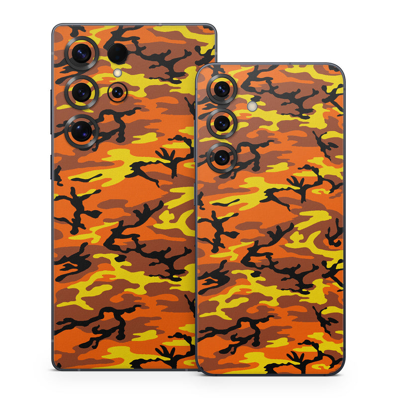 Samsung Galaxy S25 Series Skin design of Military camouflage, Orange, Pattern, Camouflage, Yellow, Brown, Uniform, Design, Tree, Wildlife, with red, green, black colors