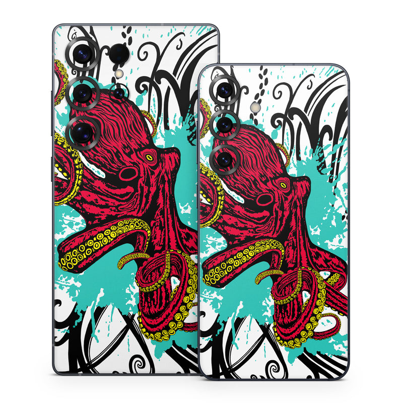 Samsung Galaxy S25 Series Skin design of Graphic design, Illustration, Visual arts, Octopus, Design, Art, Fictional character, Pattern, Clip art, Line art, with black, white, gray, red, blue, green colors