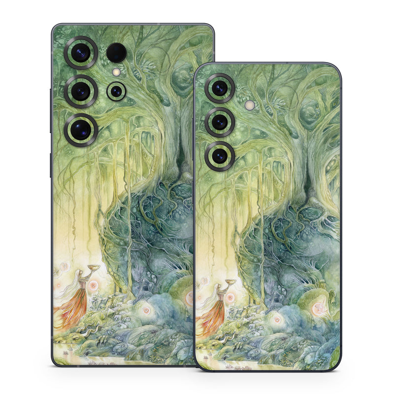 Samsung Galaxy S25 Series Skin design of Green, Watercolor paint, Painting, Water, Art, Illustration, Grass, Tree, Plant, Fictional character, with blue, green, red, yellow colors