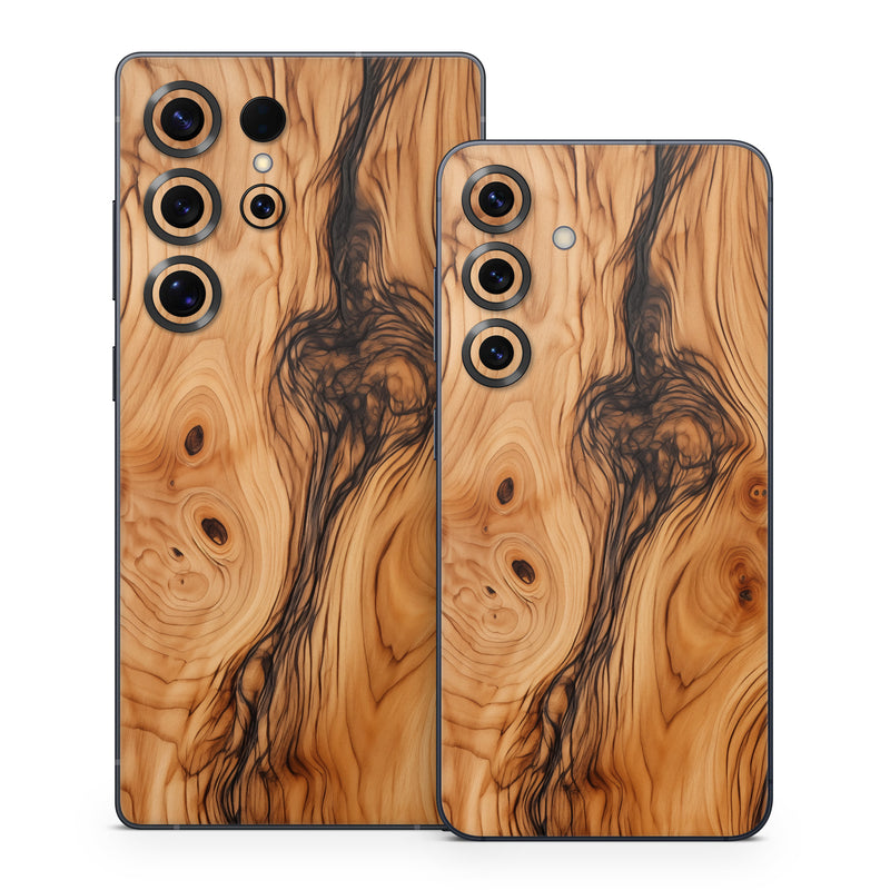 Samsung Galaxy S25 Series Skin design of Brown, Wood, Trunk, Wood stain, Floor, Liquid, Art, Woody plant, Landscape, Flooring, with black, brown, orange colors