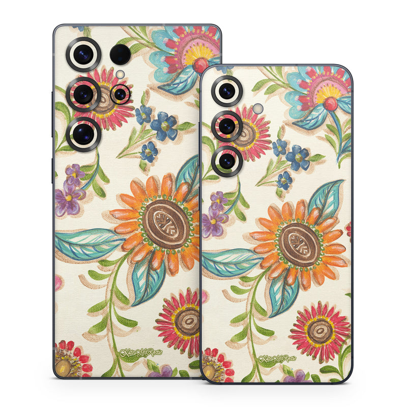Samsung Galaxy S25 Series Skin design of Pattern, Floral design, Flower, Botany, Design, Visual arts, Textile, Plant, Wildflower, Pedicel, with gray, green, pink, yellow, red, blue colors