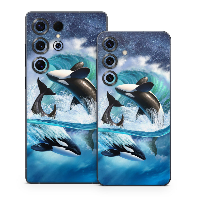 Samsung Galaxy S25 Series Skin design of Dolphin, Short-beaked common dolphin, Sky, Cetacea, Killer whale, Marine mammal, Water, Illustration, Bottlenose dolphin, Common bottlenose dolphin, with black, blue, white, green colors