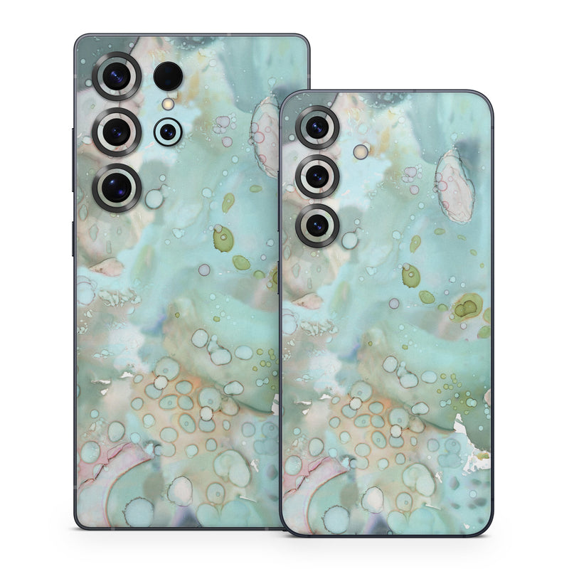 Samsung Galaxy S25 Series Skin design of Aqua, Blue, Green, Watercolor paint, Pattern, Turquoise, Organism, Design, Art, Painting, with blue, green, pink colors