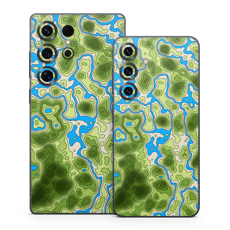 Samsung Galaxy S25 Series Skin design of Botany, Azure, Organism, Vegetation, Aqua, Terrestrial plant, Symmetry, Electric blue, Pattern, Art, with green, blue colors
