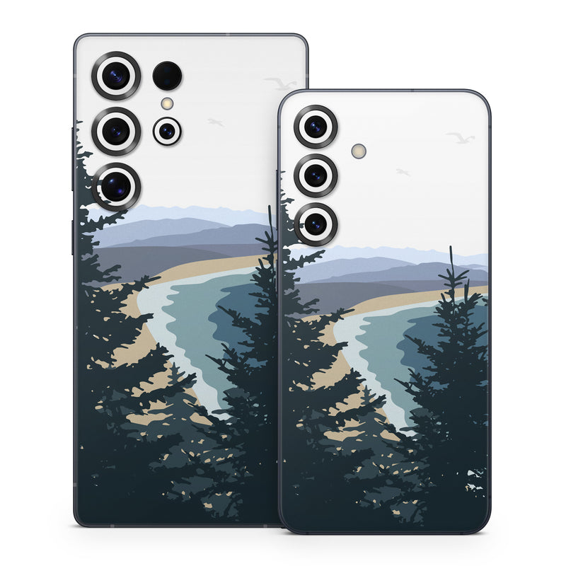 Samsung Galaxy S25 Series Skin design of Sky, Plant, Mountain, Natural landscape, Branch, Larch, Tree, Highland, Atmospheric phenomenon, Evergreen, with white, blue, yellow, gray, black, green colors