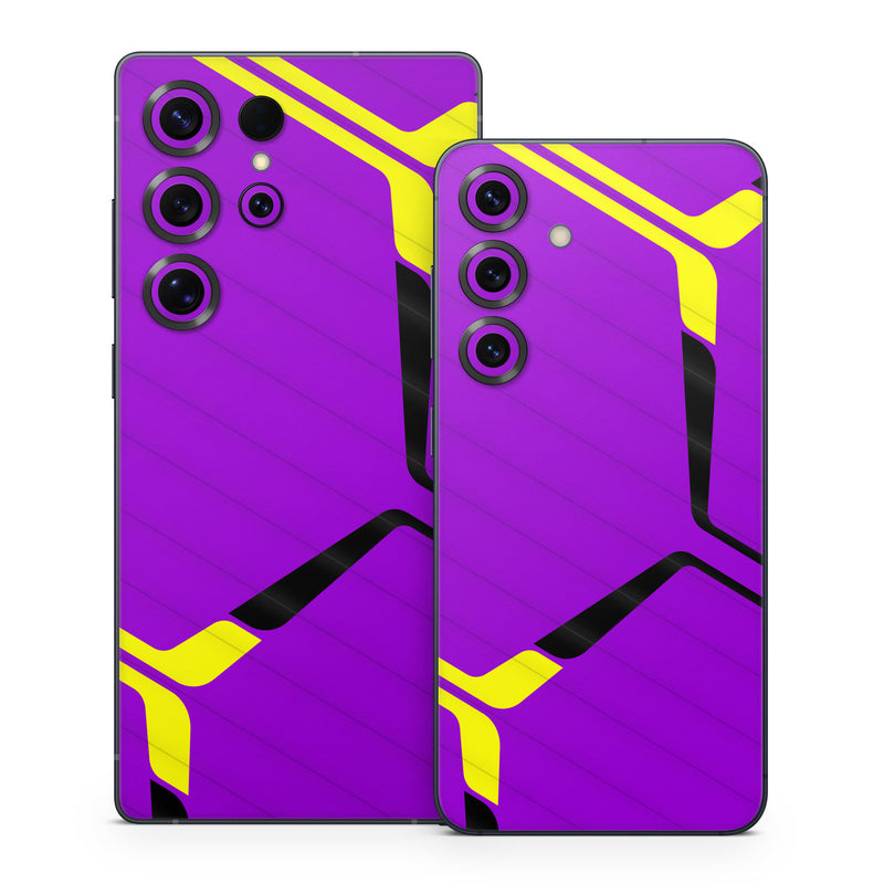Samsung Galaxy S25 Series Skin design of Colorfulness, Purple, Violet, Line, Magenta, Parallel, Symmetry, Pattern, Electric blue, Font, with purple, yellow, black colors