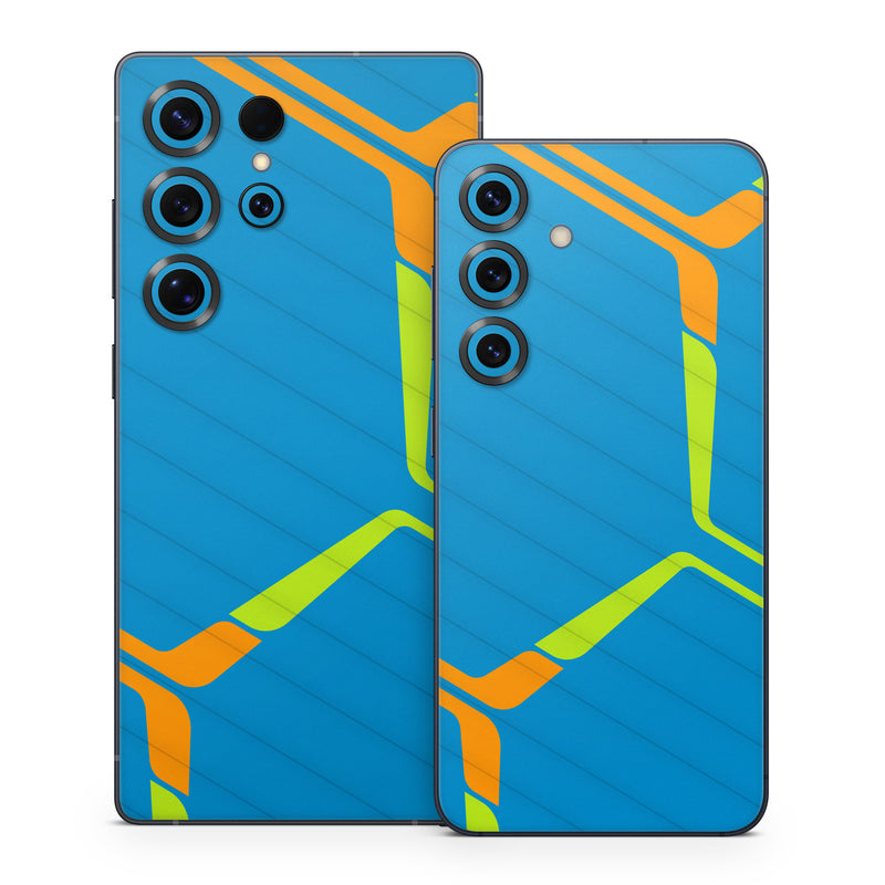 Samsung Galaxy S25 Series Skin design of Azure, Triangle, Rectangle, Parallel, Electric blue, Symmetry, Font, Pattern, Circle, Sky, with blue, orange, green colors