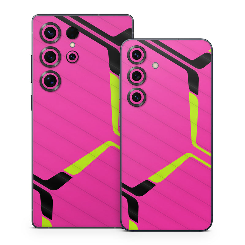 Samsung Galaxy S25 Series Skin design of Purple, Textile, Sleeve, Jersey, Violet, Triangle, Font, Magenta, Collar, Parallel, with pink, black, yellow colors