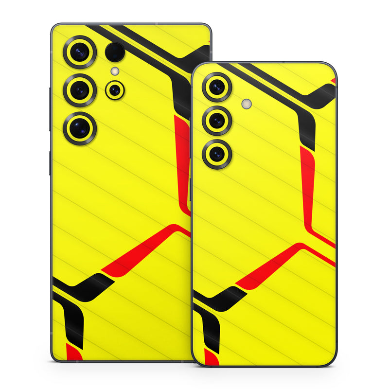 Samsung Galaxy S25 Series Skin design of Rectangle, Yellow, Parallel, Font, Tints and shades, Wood, Triangle, Pattern, Graphics, Symmetry, with yellow, black, red colors