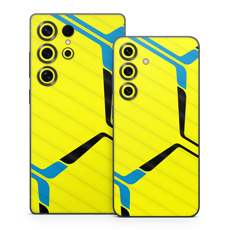 Samsung Galaxy S25 Series Skin design of Azure, Triangle, Font, Parallel, Symmetry, Pattern, Electric blue, Symbol, Rectangle, Design, with yellow, blue colors