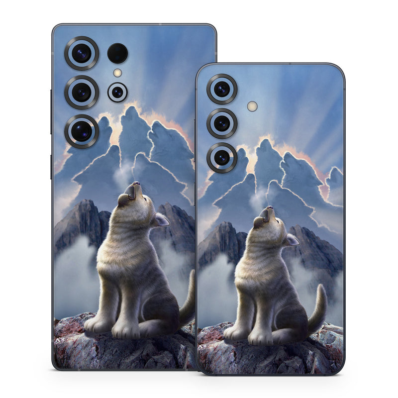 Samsung Galaxy S25 Series Skin design of Sky, Cloud, Atmosphere, Rock, Wolf, Photography, Cg artwork, Illustration, Mountain, Mythology, with white, blue, gray, brown colors