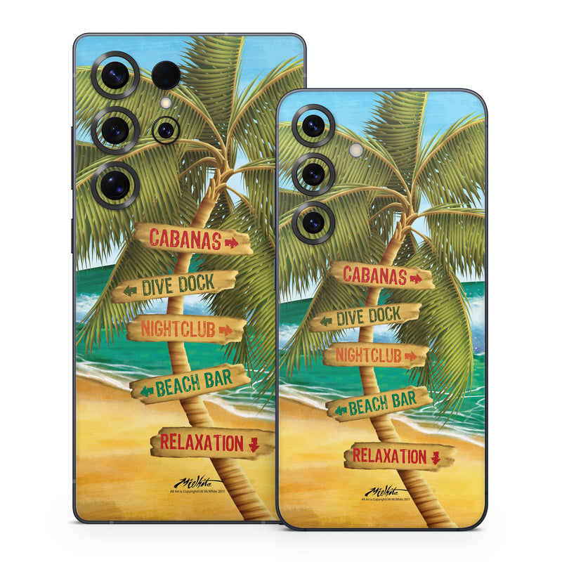 Samsung Galaxy S25 Series Skin design of Palm tree, Arecales, Tropics, Tree, Caribbean, Wave, Water, Coconut, Ocean, Elaeis, with green, purple, gray, black, blue colors